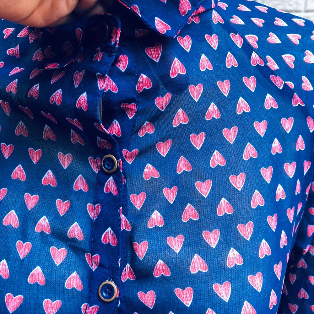 Sheer Navy With Red Heart Button Up Top - image 6